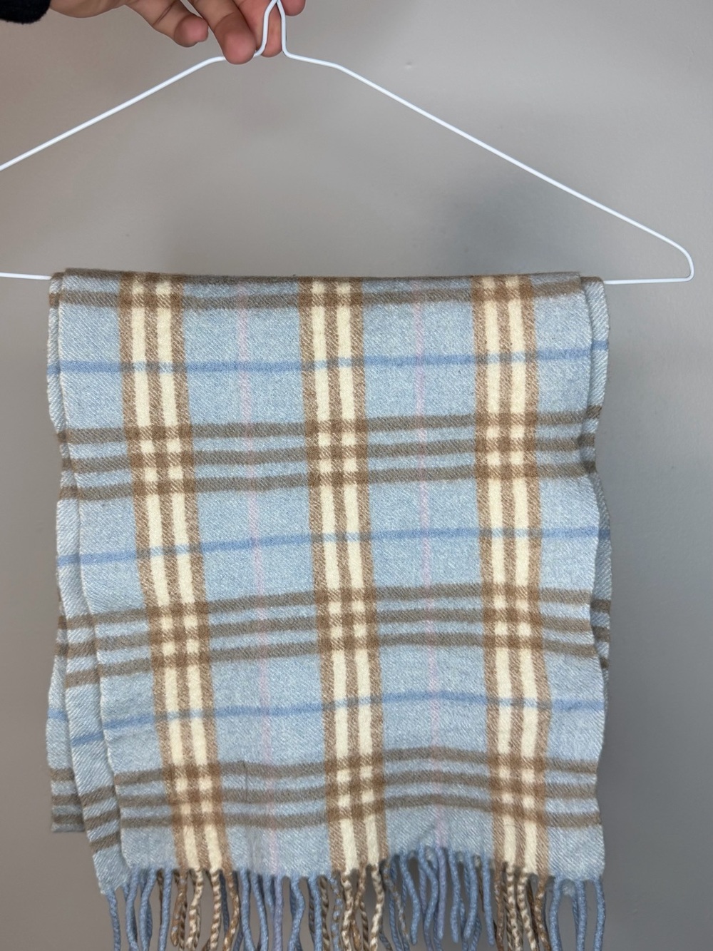 Burberry Light Blue and Tan Plaid Fringe Scarf